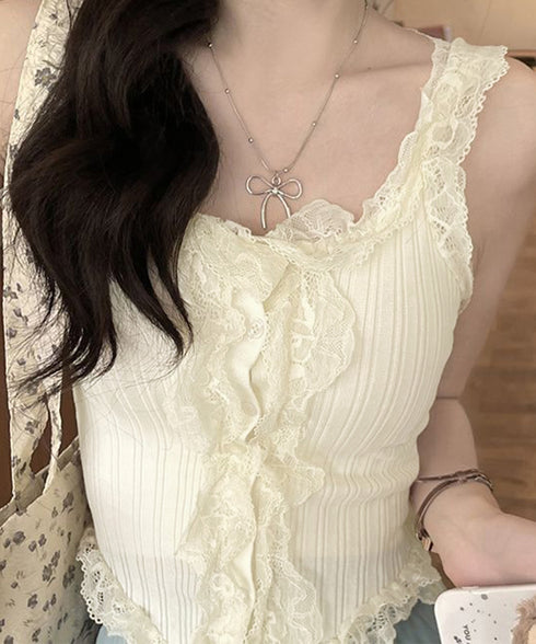 レースフリル ニットタンクトップ 韓国風 レディース レースドッキング ニットトップス 大人可愛い ノースリーブニットソー きれいめニットキャミソール インナー秋 84WANJIA-020